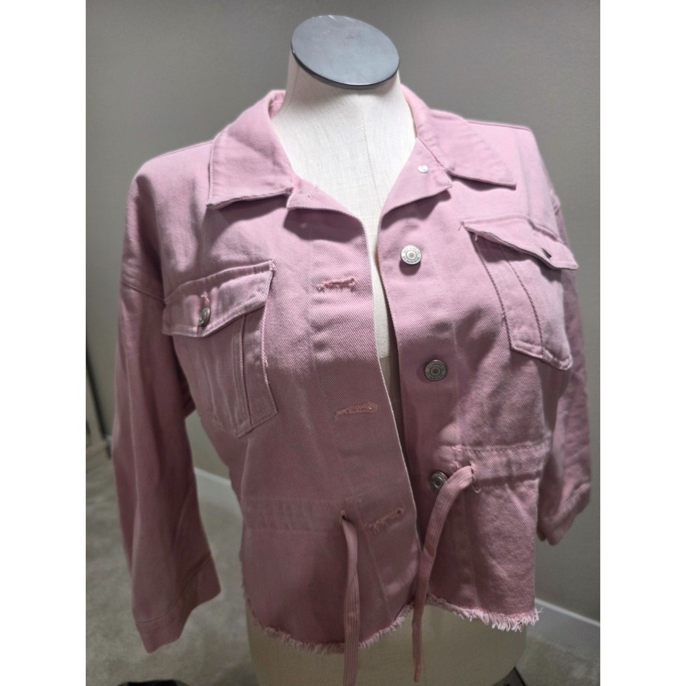 Stoosh Vintage Denim Cropped Light Pink Jacket With Frayed Hem & Button-Up Closu